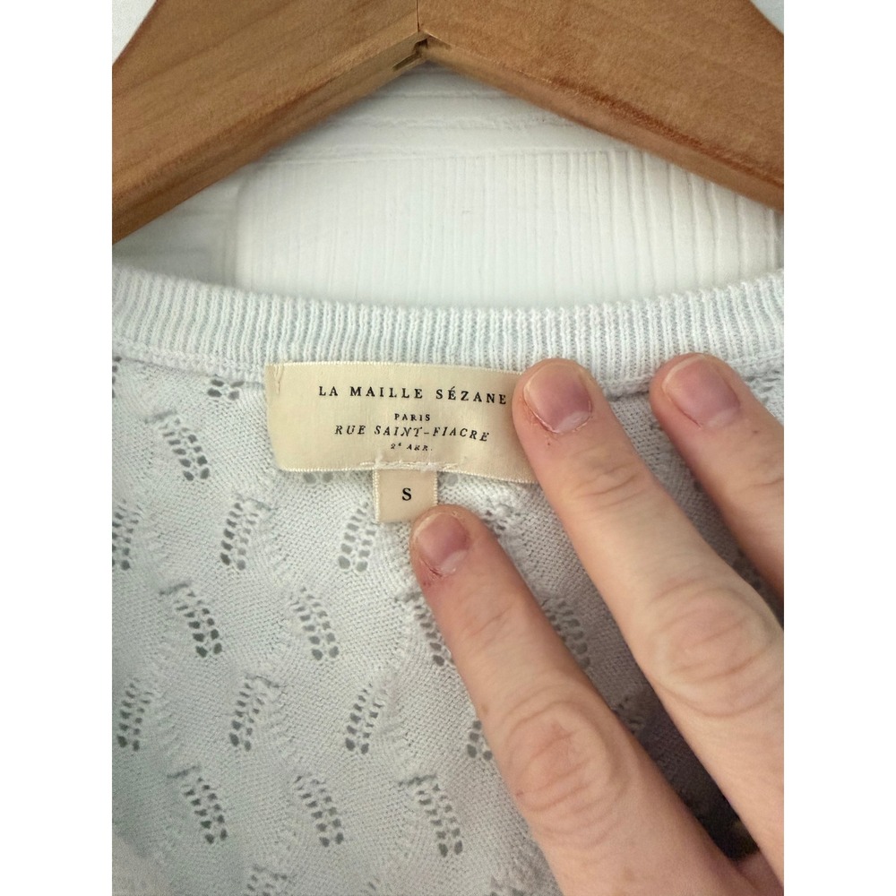 Sezane Textured Cotton White Cardigan Preppy Casual - Picture 3 of 5